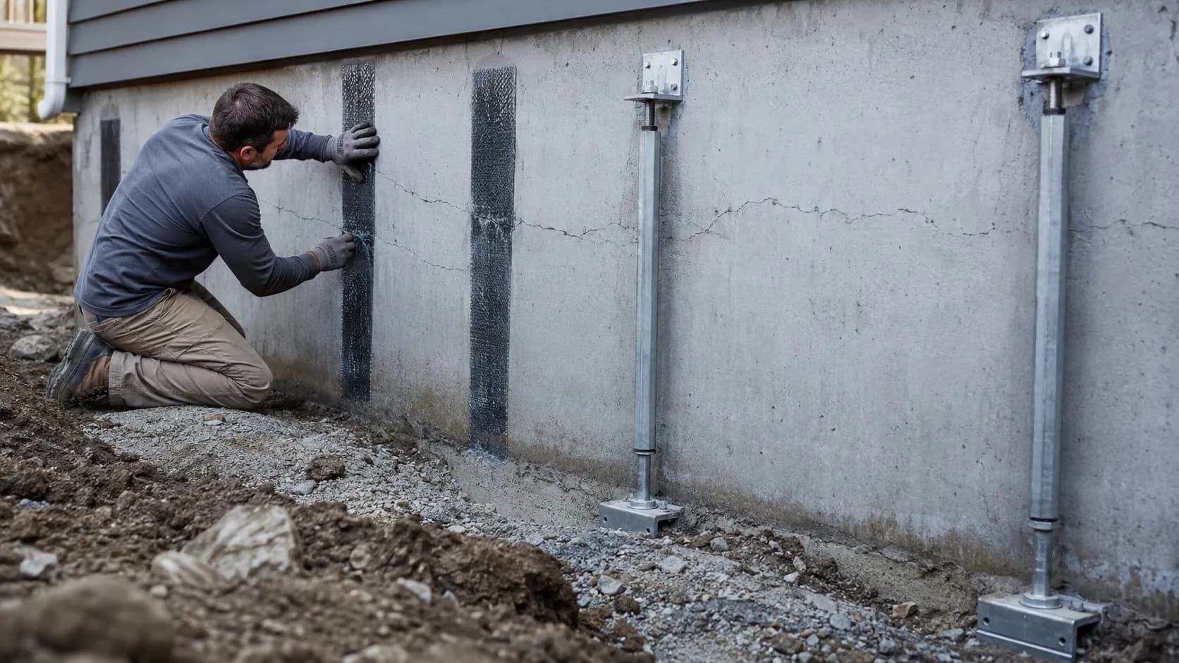 Foundation repair contractor applying carbon-fiber reinforcement to a cracked foundation wall, with steel support piers installed alongside